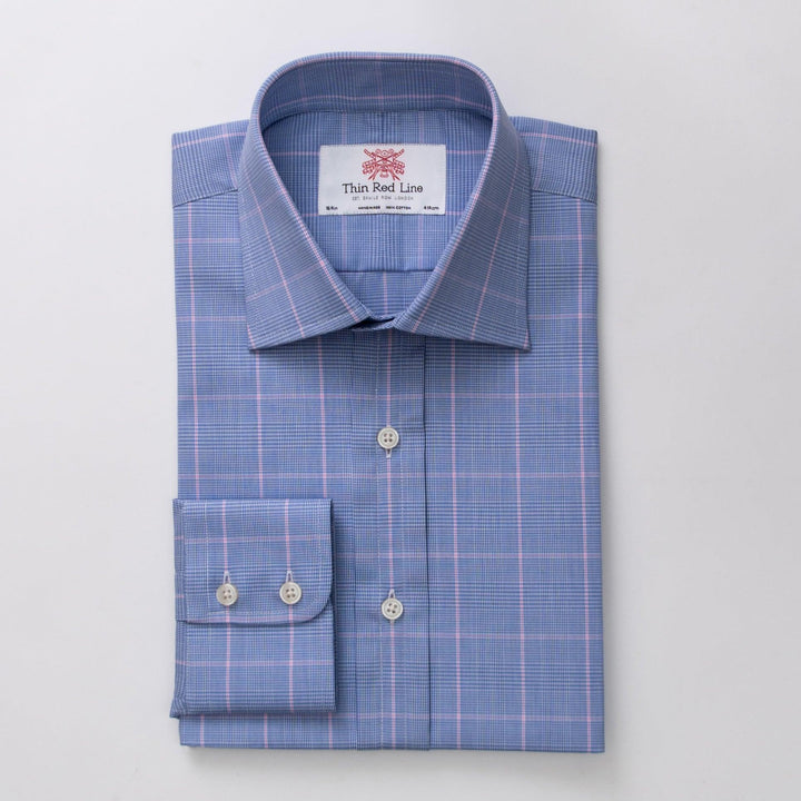 Prince of wales check azure pink slim shirt - Thin Red Line 