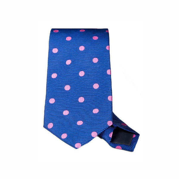 Blue with large pink polka dot woven silk tie