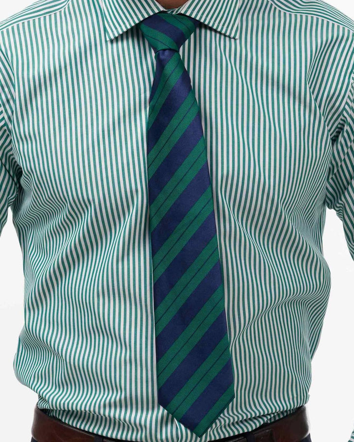 Green & Navy stripe woven silk tie - Thin Red Line 