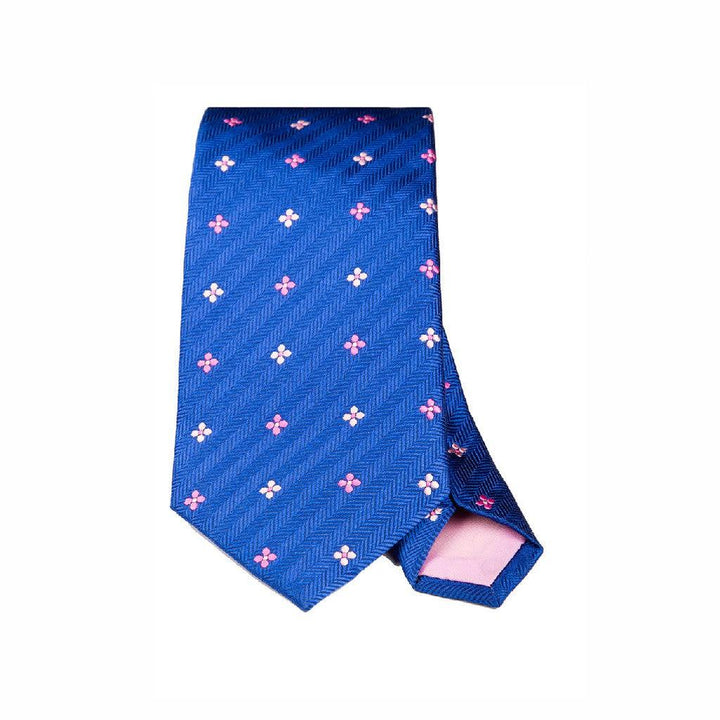 Herringbone blue floral woven silk tie - Thin Red Line 